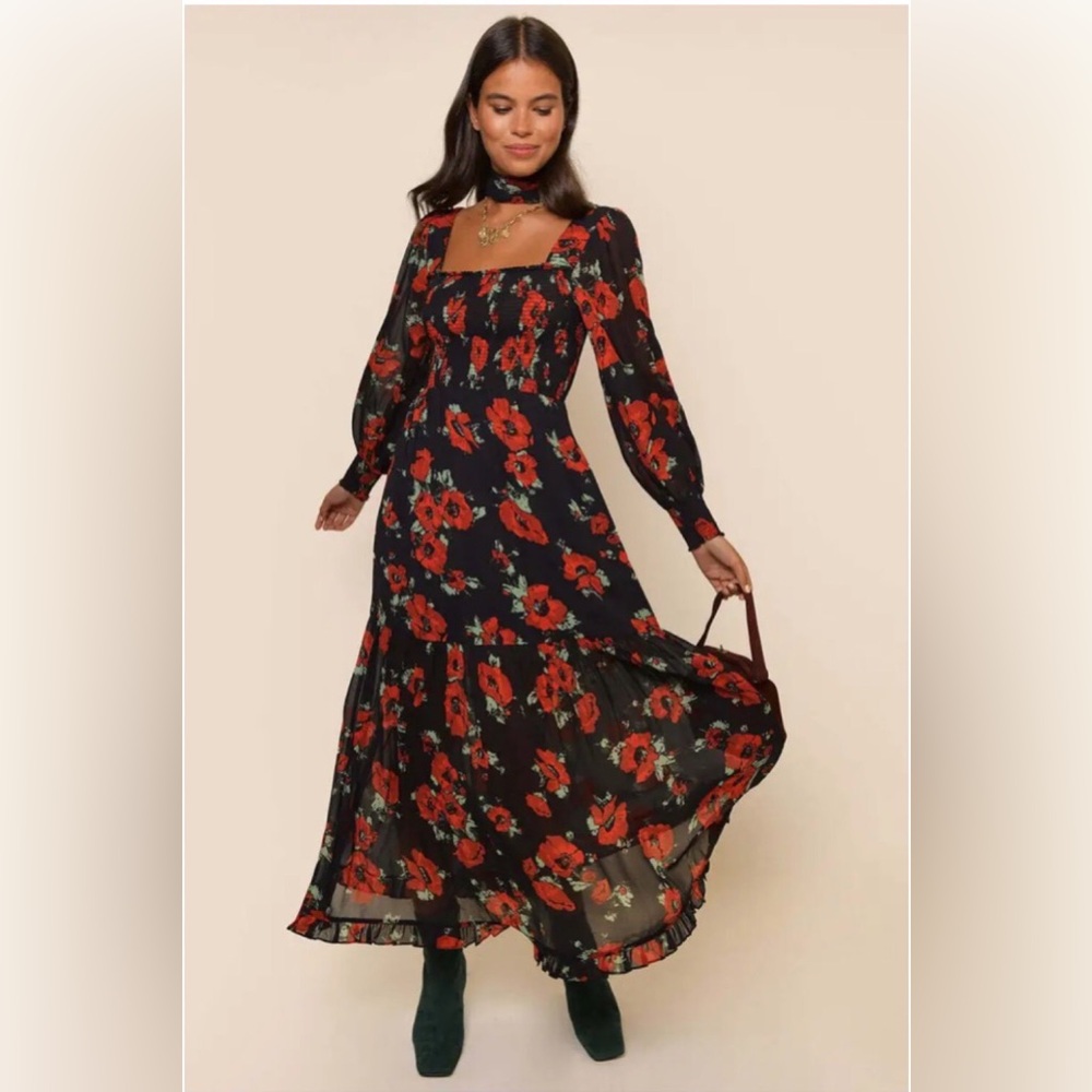 Rixo black red floral Yas long sleeve midi square neck dress size L or 10